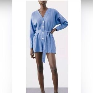 Zara Blue Linen Blend Buttoned Romper